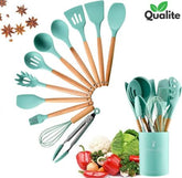 Silicone Spoon Set – Heat-Resistant, Non-Stick with Wooden Handles & Holder